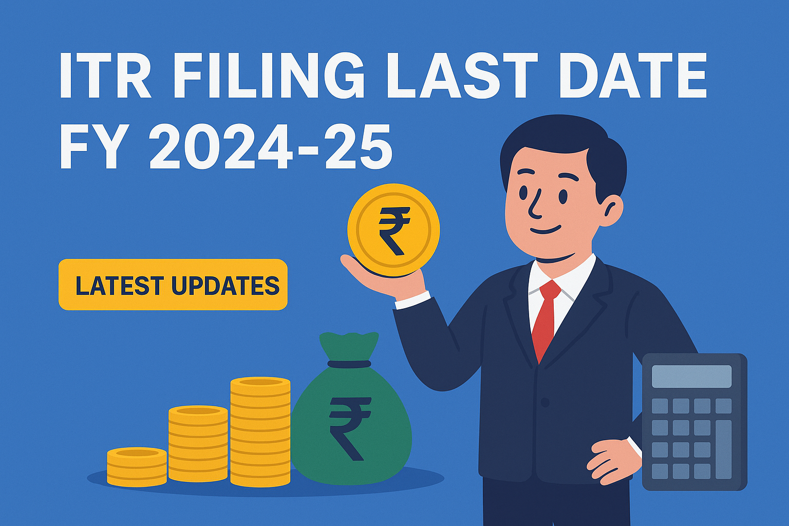 Illustration showing a businessman holding a rupee coin, stacks of coins, a money bag, and a calculator, representing ITR filing last date FY 2024-25 latest updates.