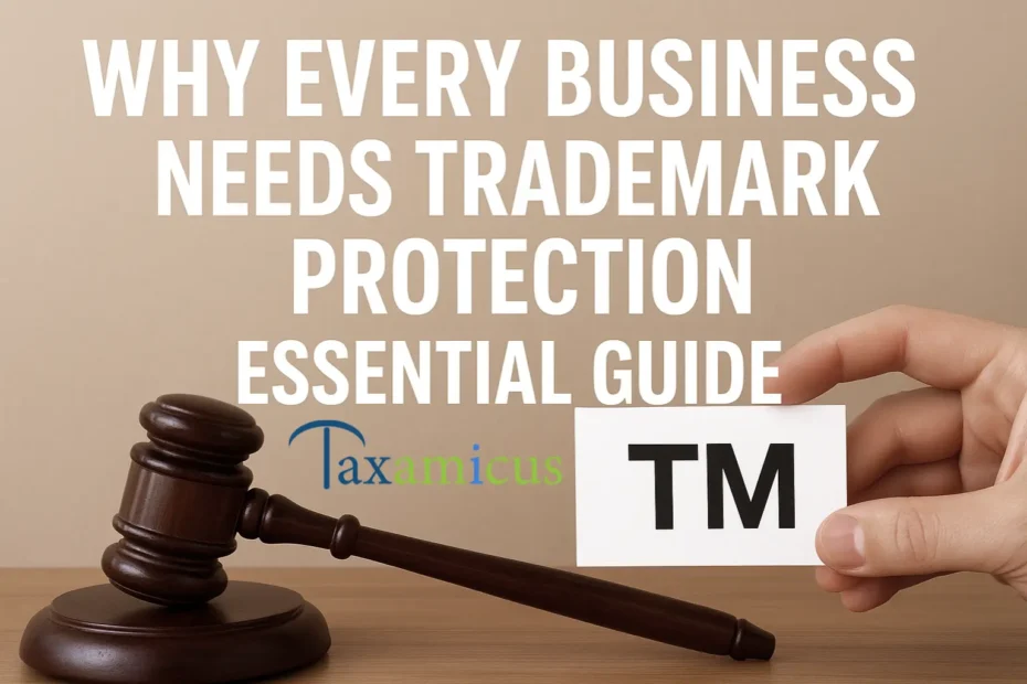 Banner image showing a judge’s gavel and a hand holding a TM trademark card, representing the importance of trademark protection for businesses.