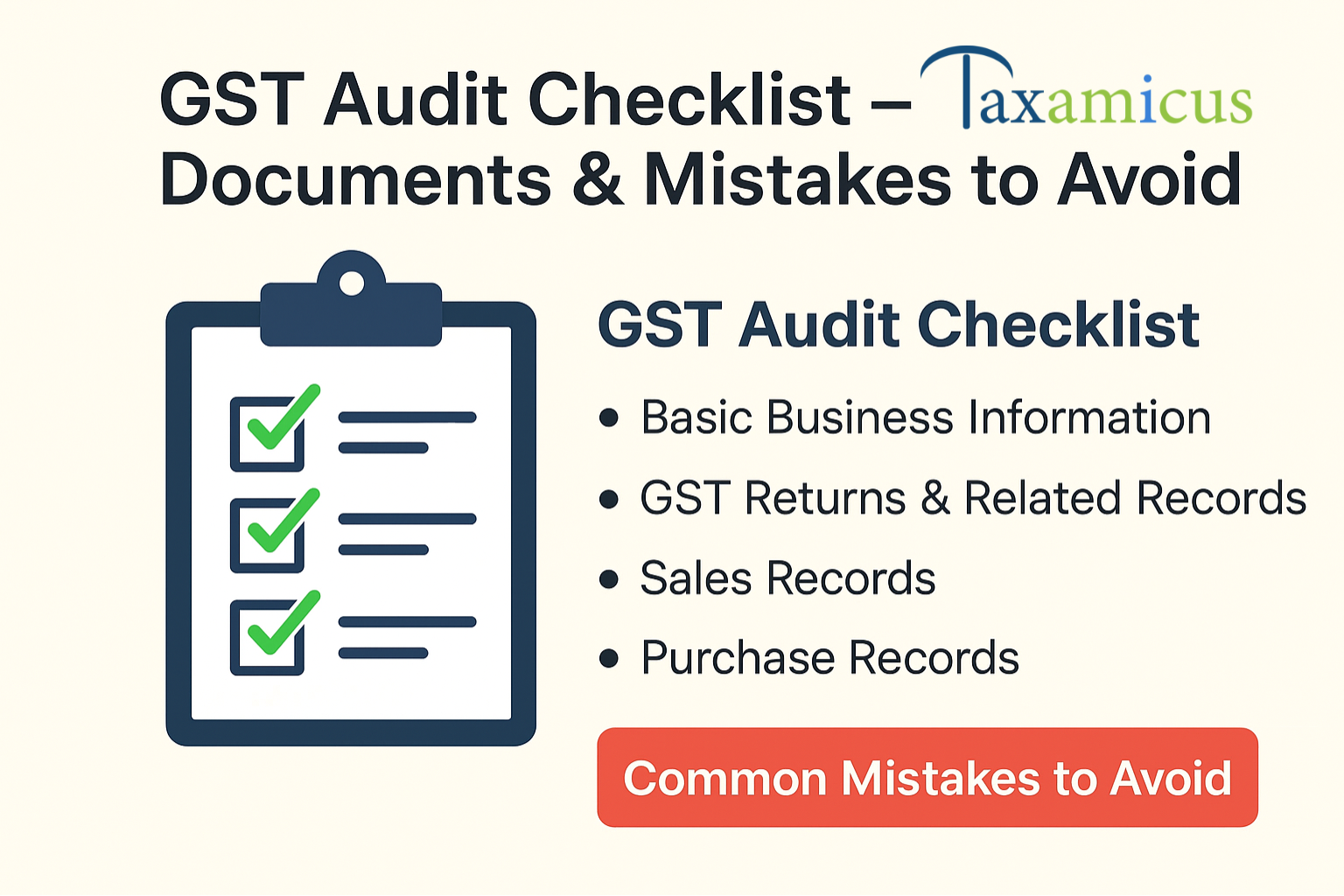 GST Audit Checklist infographic showing key documents and common mistakes to avoid, with a clipboard and checklist icons.