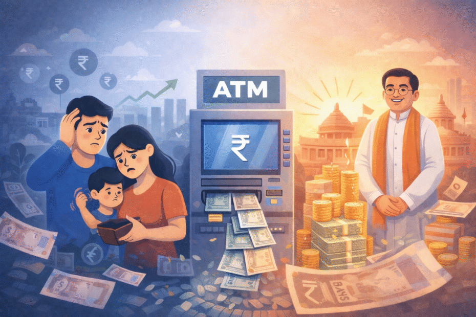 Illustration showing Indian middle-class family under financial stress contrasted with wealthy government figure, symbolizing Silent ATM Tax Burden