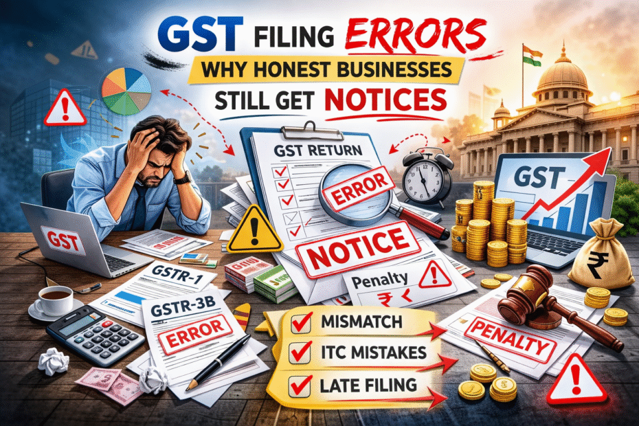 GST Filing Errors: Why Honest Businesses Still Get Notices 1 Shocking GST filing errors causing notices for honest businesses, showing tax documents, GST return mismatches, penalties, and compliance stress.
