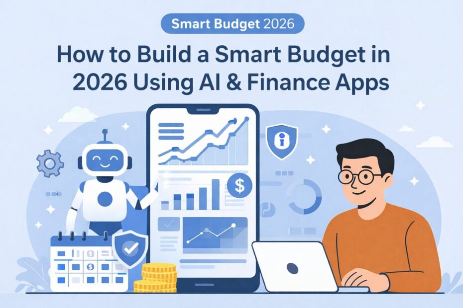 Smart Budget 2026 illustration showing a person managing finances using AI and finance apps, with charts, graphs, a digital assistant robot, and budgeting tools on a mobile screen.