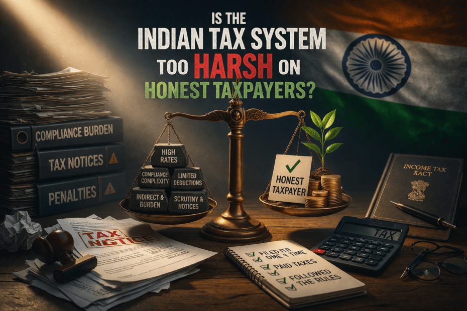 Is the Indian Tax System Too Harsh on Honest Taxpayers? 1 Harsh Indian Tax System concept showing financial burden, tax penalties, and compliance stress contrasted with tax planning and financial stability