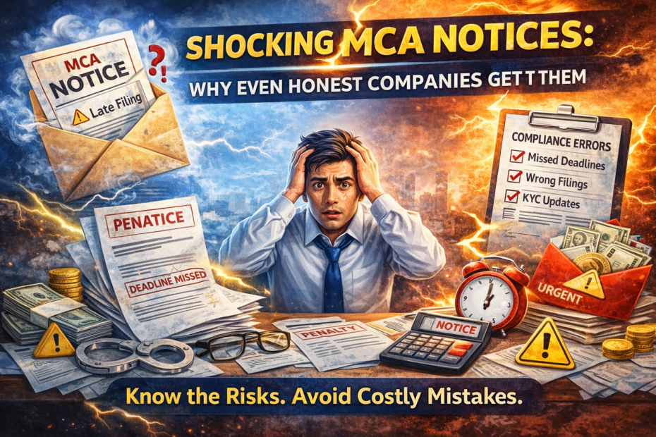BShocking MCA Notices illustration showing stressed businessman surrounded by compliance errors, penalties, missed deadlines, and MCA notice documents