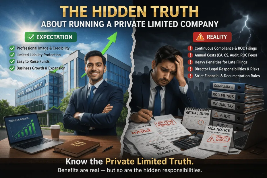 Private Limited Truth illustration showing stressed businessman with MCA notice, compliance burden, penalties, audit checklist, and deadline pressure