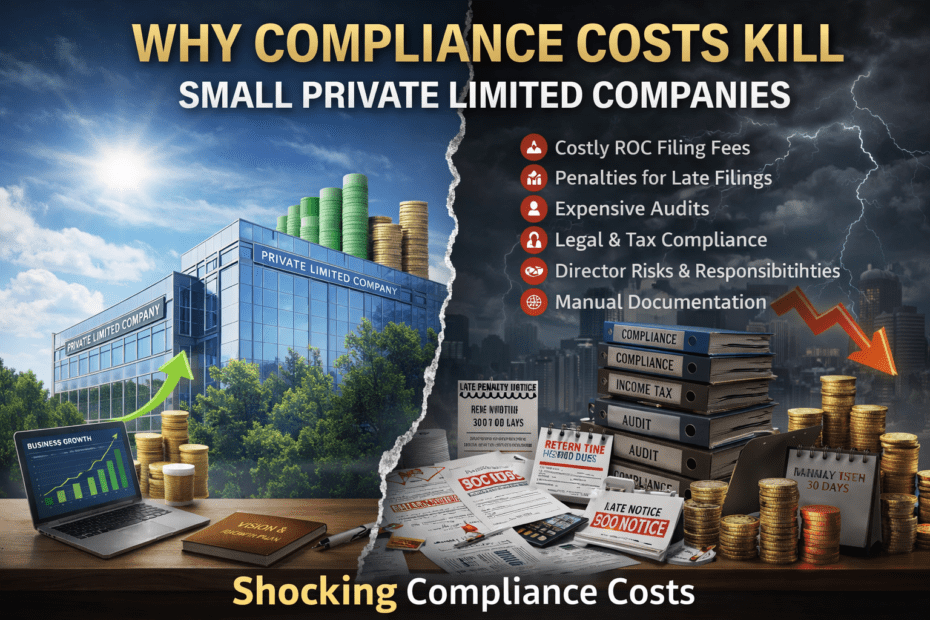 Why Compliance Costs Kill Small Private Limited Companies 29 Shocking Compliance Costs infographic showing rising expenses, tax documents, penalties, audit reports, and financial pressure on private limited companies