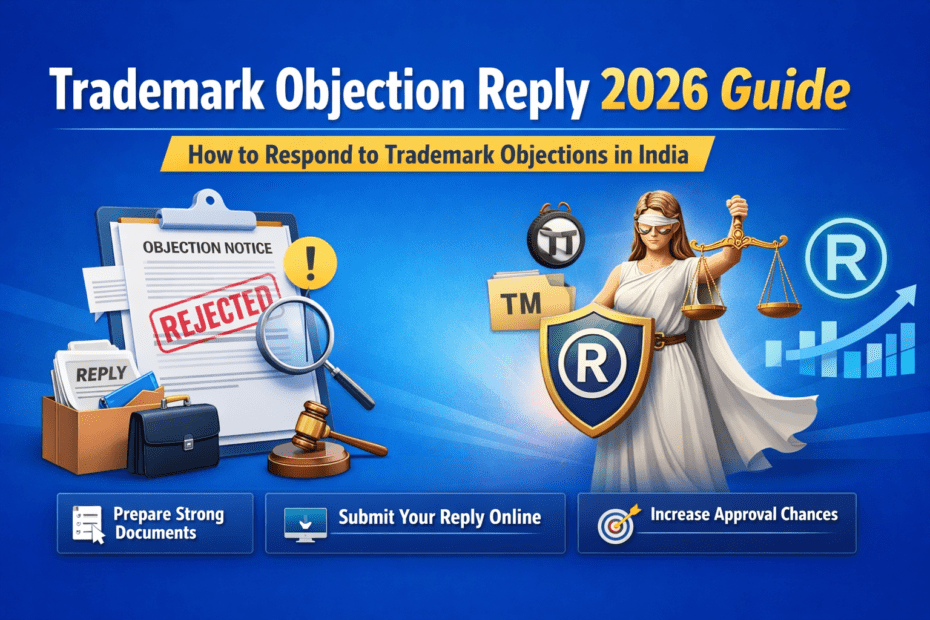 Complete Guide to Trademark Objection Reply 2026 in India 5 Trademark Objection Reply 2026 banner explaining how to respond to trademark objections in India for brand registration.
