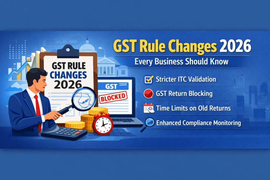 Major GST Rule Changes 2026 Every Business Should Know 9 GST Rule Changes 2026 banner showing stricter ITC validation, GST return blocking, time limits on old returns, and compliance monitoring