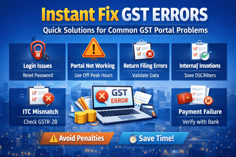 Infographic showing instant fix GST errors with common portal issues like login problems, ITC mismatch, return filing errors and quick solutions, highlighting GST troubleshooting guide