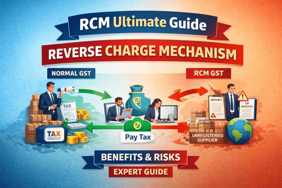 Reverse Charge Mechanism RCM infographic showing difference between normal GST and RCM GST with tax flow, unregistered supplier, and compliance process
