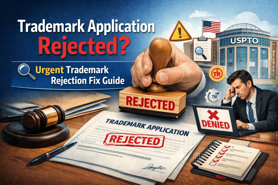 Urgent Trademark Rejection Fix guide showing rejected trademark application and legal steps to resolve rejection quickly