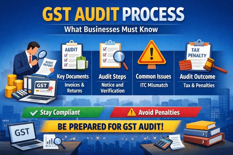 Infographic of GST audit process showing key documents, audit steps, common issues like ITC mismatch, and outcomes including tax penalties, highlighting GST Audit Guide