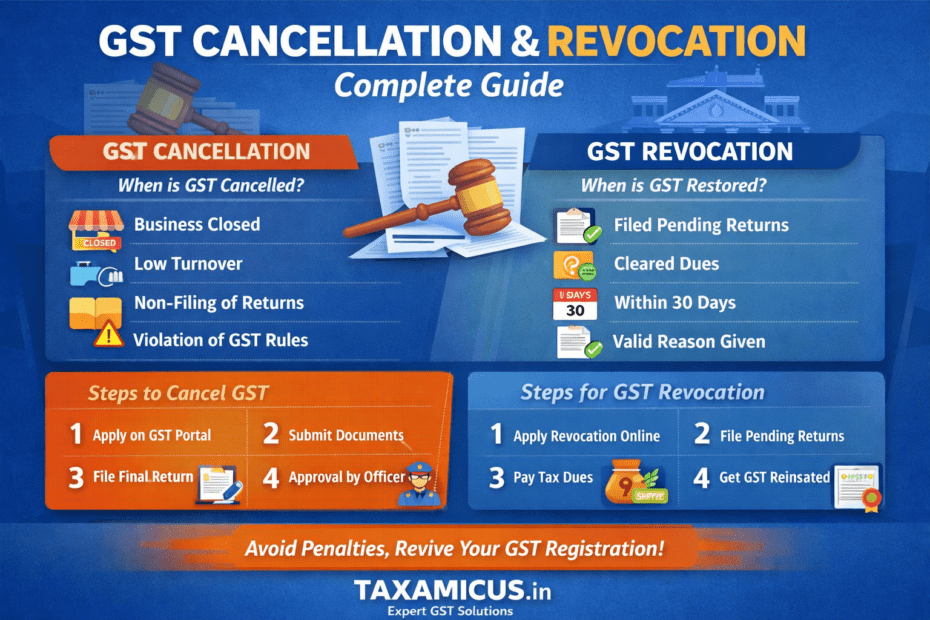 Infographic explaining GST cancellation and revocation process in India with reasons for cancellation, conditions for revocation, and step-by-step guide to restore GST registration