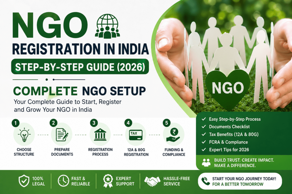 Complete NGO Setup guide showing step-by-step NGO registration process in India 2026 with documents, tax benefits, and compliance