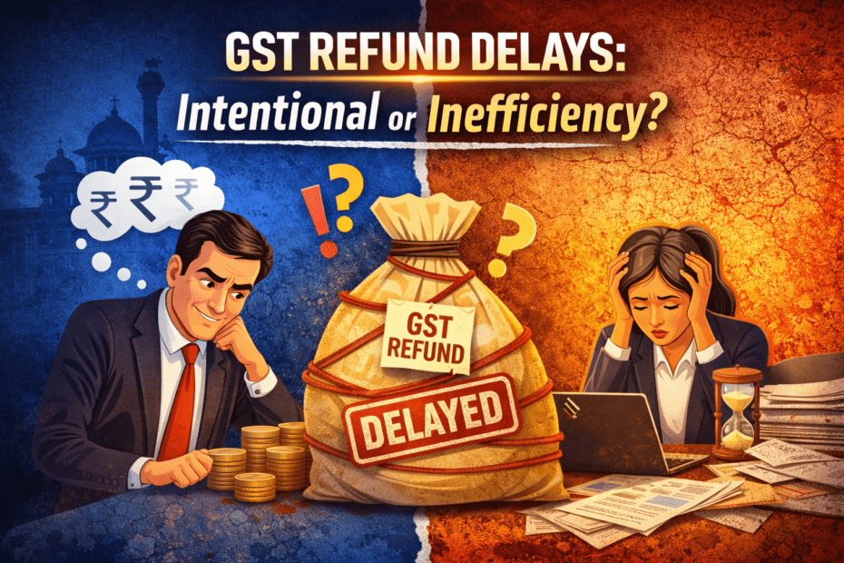 GST Refund Delays: Intentional or Inefficiency? 13 Illustration showing GST refund delays in India with a delayed refund money bag, businessman waiting and stressed professional highlighting GST Refund Delay Reality