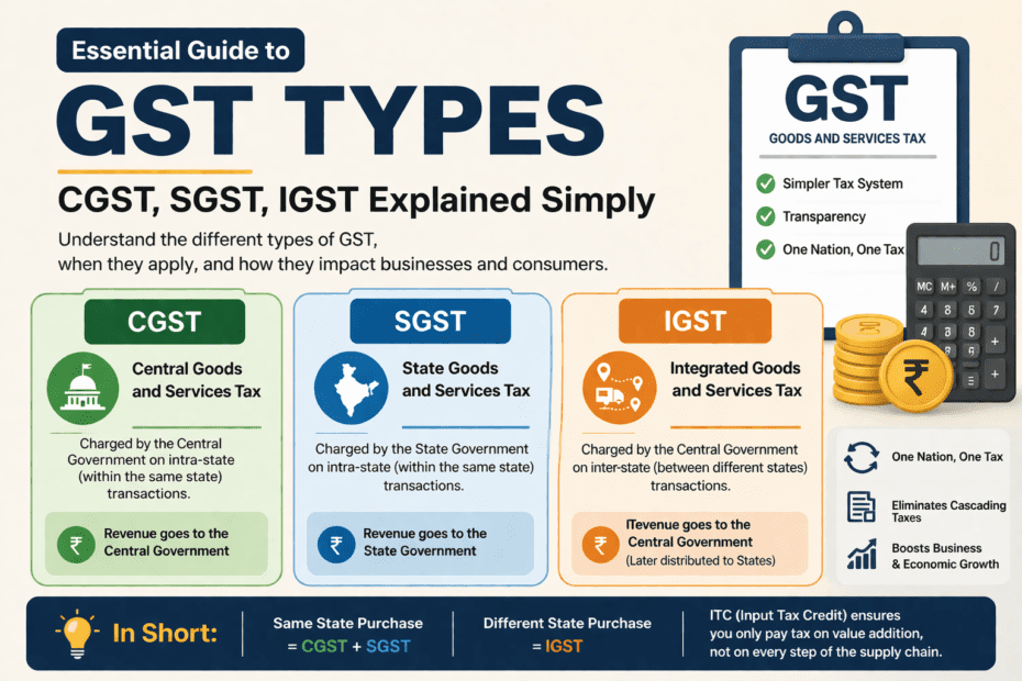 Types of GST: CGST, SGST, IGST Explained Simply 21 Infographic explaining types of GST in India: CGST, SGST, and IGST with icons, descriptions, and a summary of intra-state, inter-state, and import/export applications. Includes 'Essential Guide to GST Types' heading.