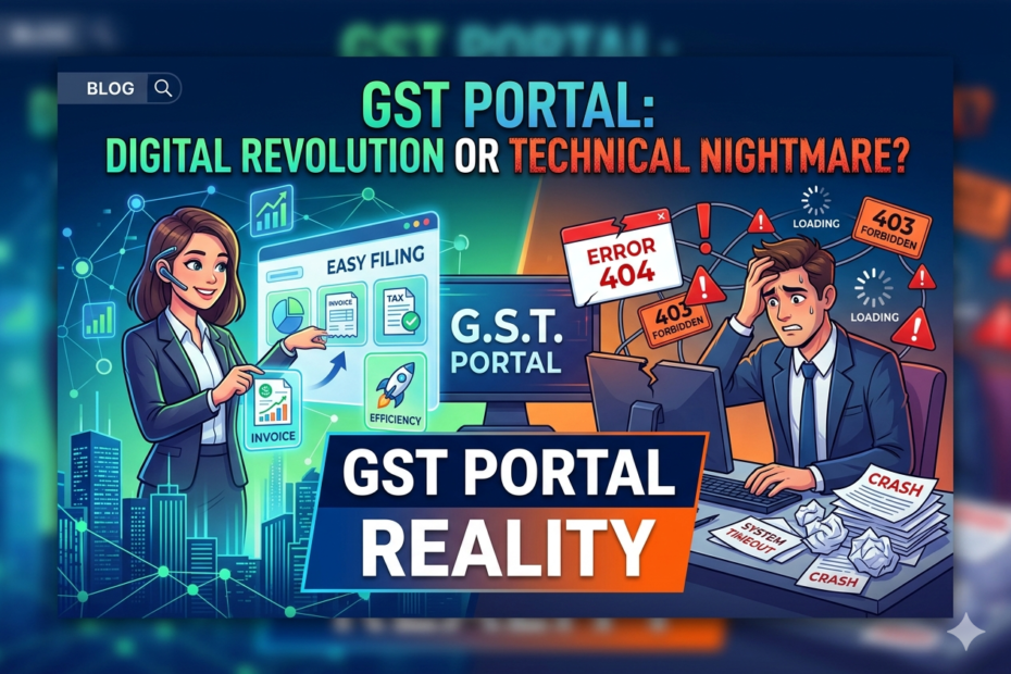 GST Portal: Digital Revolution or Technical Nightmare? 17 Illustration of GST portal showing digital revolution vs technical nightmare with businessman working smoothly on one side and facing errors on the other, highlighting GST Portal Reality