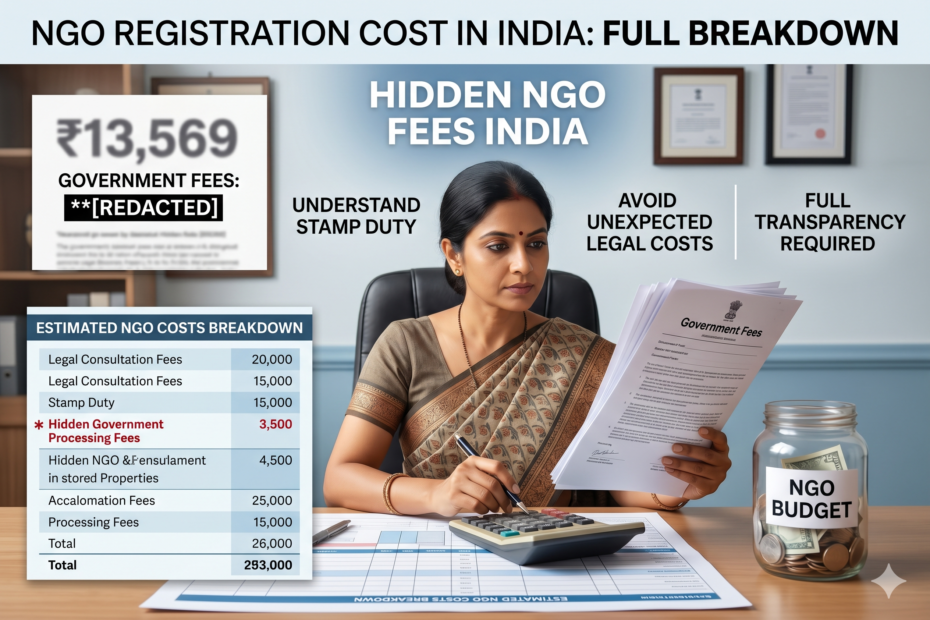 Hidden NGO Fees India infographic showing NGO registration cost breakdown in India 2026 including government fees, documentation, and compliance costs