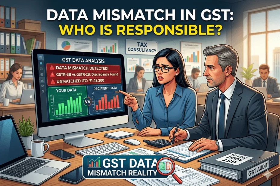 Input Tax Credit: Biggest Benefit or Biggest Trap? 1 Illustration of Input Tax Credit showing benefit vs trap with professionals analyzing charts, ITC growth vs risk, highlighting Tax Credit Reality in GST