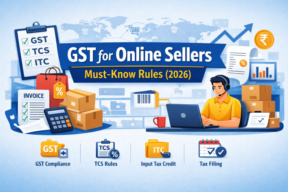 Illustration of GST for online sellers showing compliance, TCS rules, ITC, invoicing, and tax filing process for e-commerce businesses in 2026