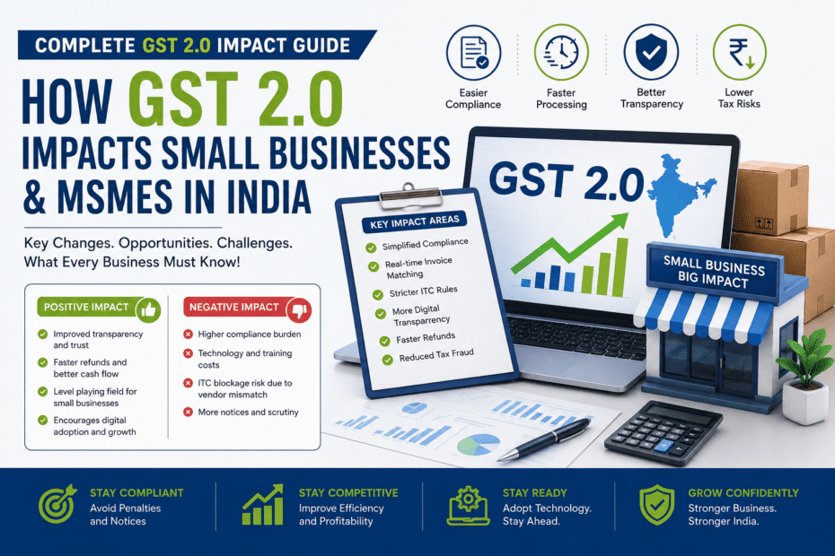 How GST 2.0 Impacts Small Businesses & MSMEs in India 21 Corporate infographic explaining how GST 2.0 impacts small businesses and MSMEs in India, covering compliance changes, ITC rules, digital taxation, and business growth challenges.