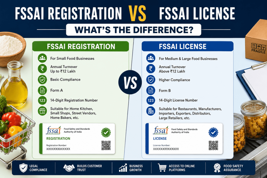 FSSAI Registration vs FSSAI License: What’s the Difference? 9 FSSAI Registration vs FSSAI License comparison infographic for food businesses in India
