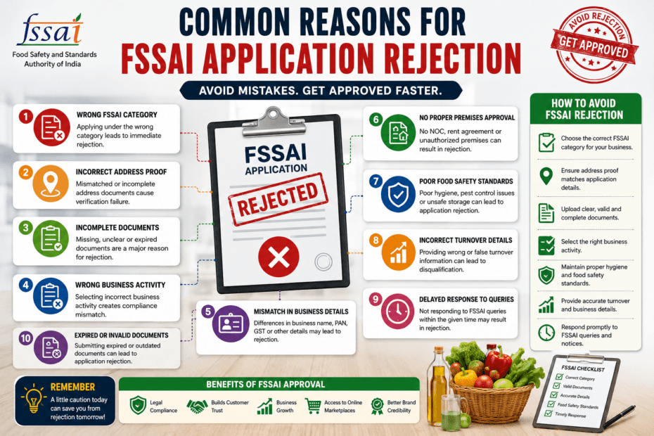 Common Reasons for FSSAI Application Rejection 17 Hidden FSSAI rejection reasons infographic showing common food license application mistakes in India
