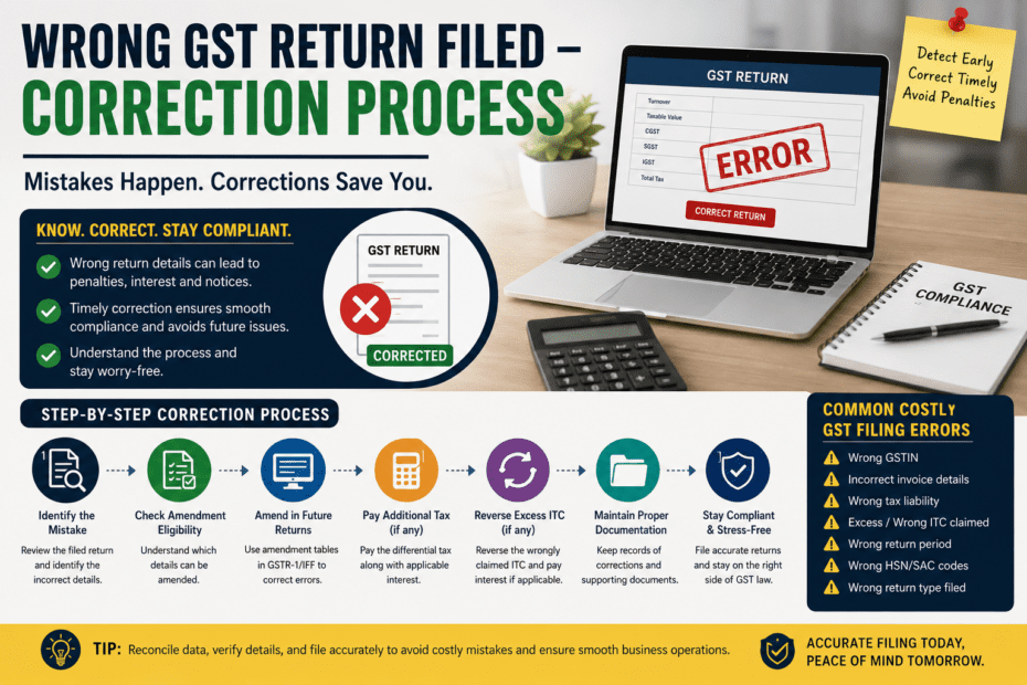 Wrong GST Return Filed - Correction Process 13 Costly GST filing errors infographic explaining wrong GST return correction process in India