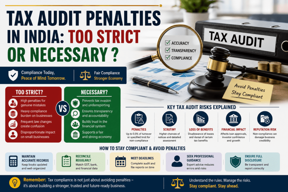Tax audit risks explained infographic showing penalties, compliance requirements, and audit risks for businesses in India