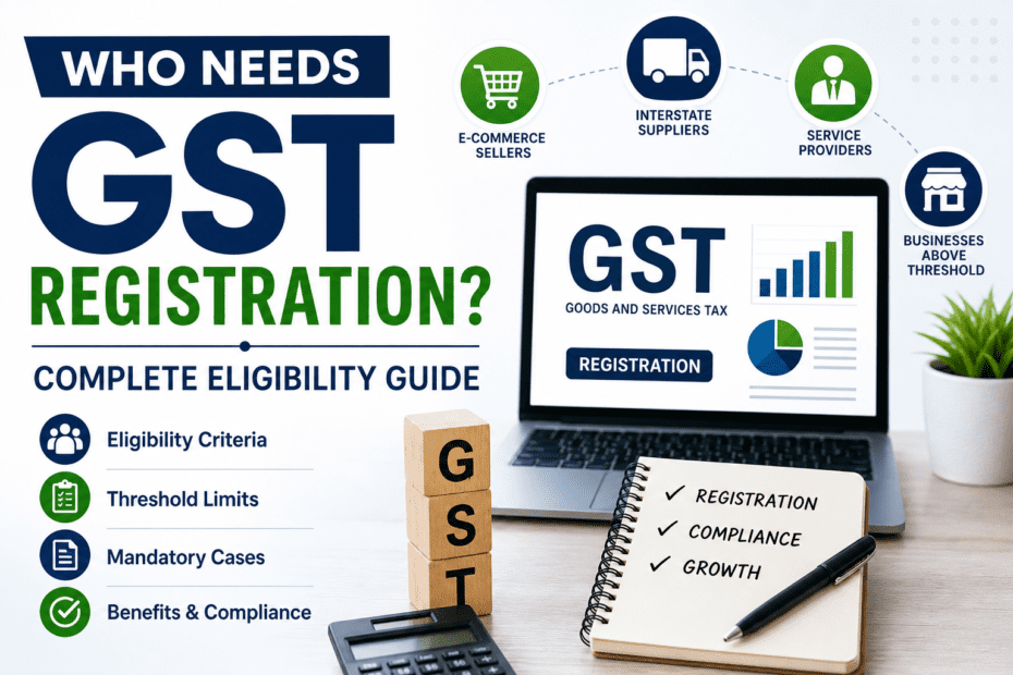 Who Needs GST Registration? Complete Eligibility Guide 5 GST Registration eligibility guide infographic showing who needs GST registration including e-commerce sellers, service providers, and interstate businesses with laptop and business icons
