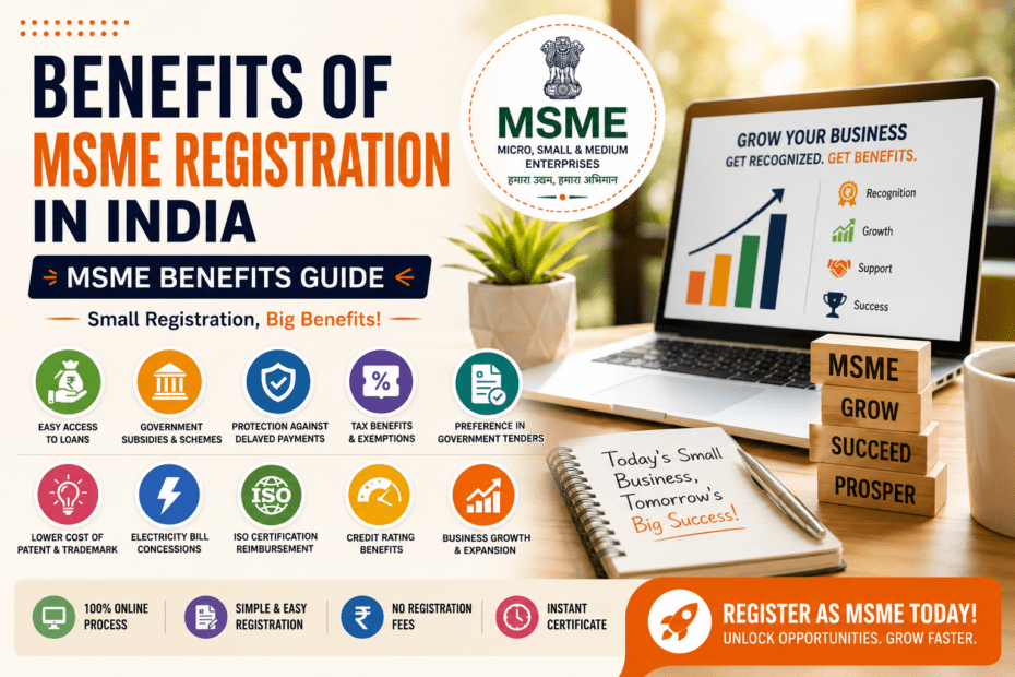 Benefits of MSME Registration in India 25 MSME Benefits Guide infographic showing benefits of MSME registration in India with loans, subsidies, tax benefits, and business growth visuals
