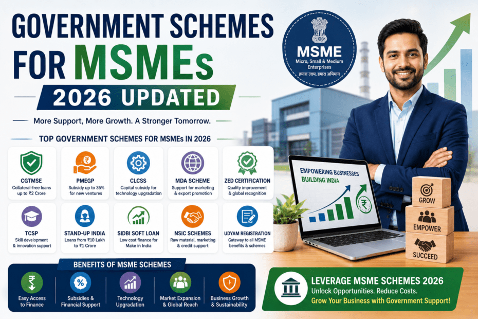 MSME Schemes 2026 infographic showing government schemes for MSMEs in India including loans, subsidies, and business growth benefits