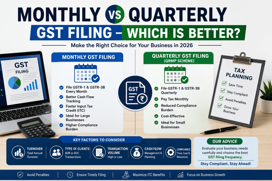 Monthly vs Quarterly GST filing comparison infographic showing benefits, differences, compliance, and which option is better for businesses in 2026