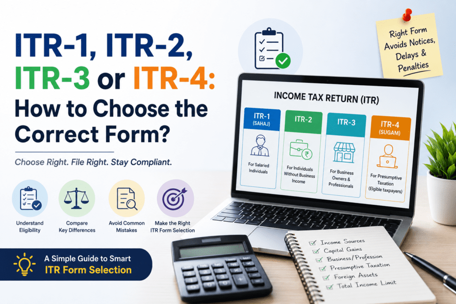Infographic explaining ITR Form Selection and how taxpayers can choose the correct Income Tax Return form between ITR-1, ITR-2, ITR-3, and ITR-4 based on income sources and eligibility.