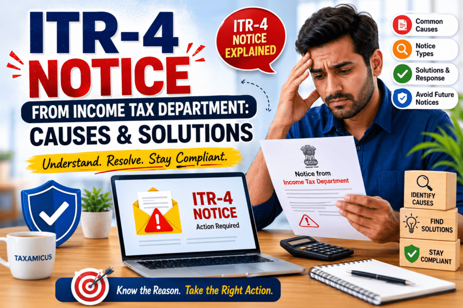 Professional infographic illustrating ITR-4 notice from the Income Tax Department, showing common causes, notice types, solutions, compliance steps, and taxpayer response guidance.
