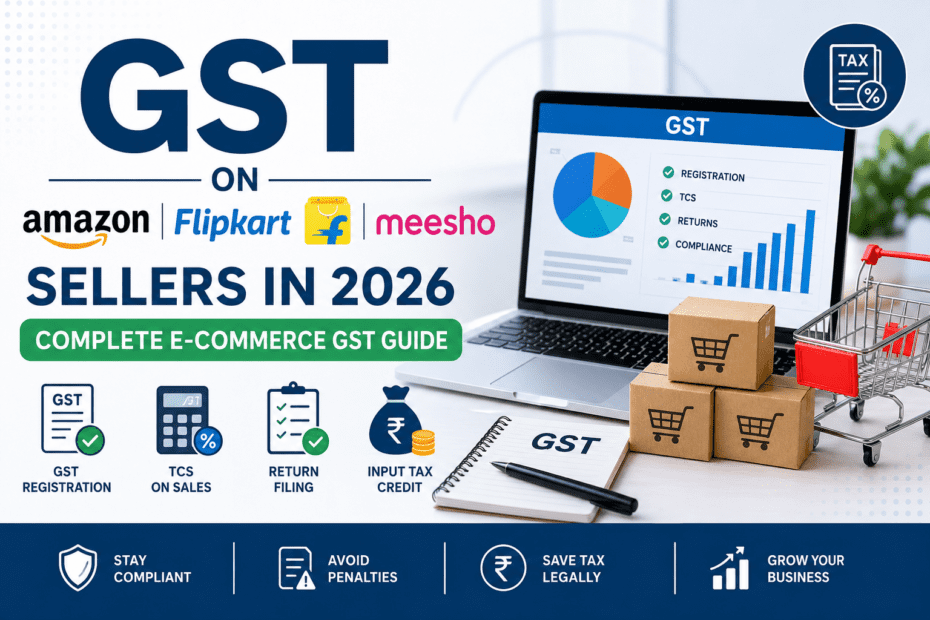 GST guide for Amazon, Flipkart, and Meesho sellers in 2026 showing GST registration, TCS, return filing, input tax credit, and e-commerce compliance requirements.