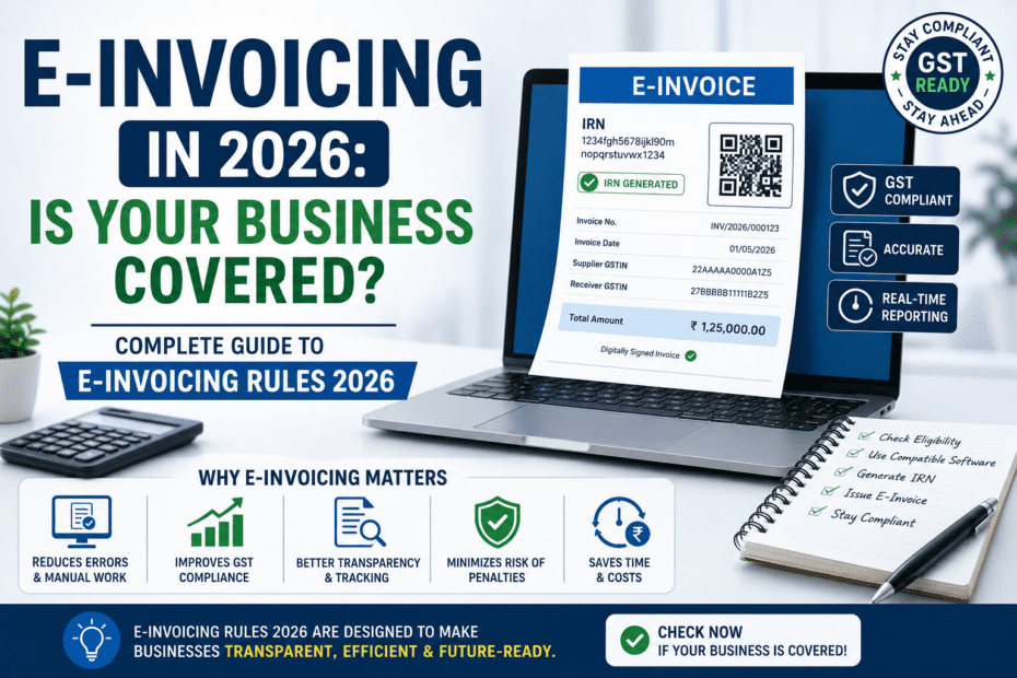 Business professional reviewing digital invoices and GST compliance dashboard illustrating E-Invoicing Rules 2026, invoice registration, QR codes, and tax compliance.