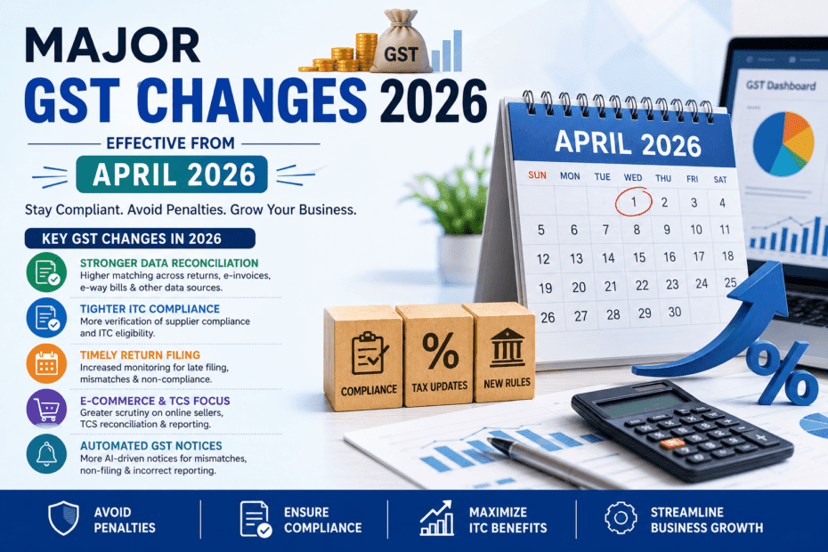 Infographic showing major GST Changes 2026 effective from April 2026, including ITC compliance, GST return filing, automated notices, data reconciliation, and e-commerce GST updates.