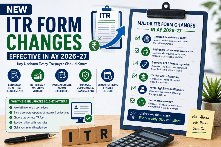 Infographic showing new ITR form changes effective in AY 2026-27, including AIS integration, capital gains reporting, updated disclosures, form eligibility changes, and tax compliance updates.