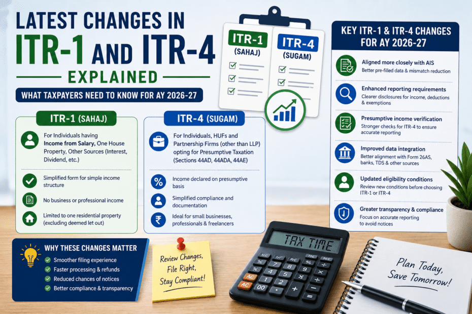 Infographic explaining the latest ITR-1 and ITR-4 changes for AY 2026-27, including AIS integration, reporting updates, presumptive taxation rules, eligibility conditions, and tax compliance requirements.